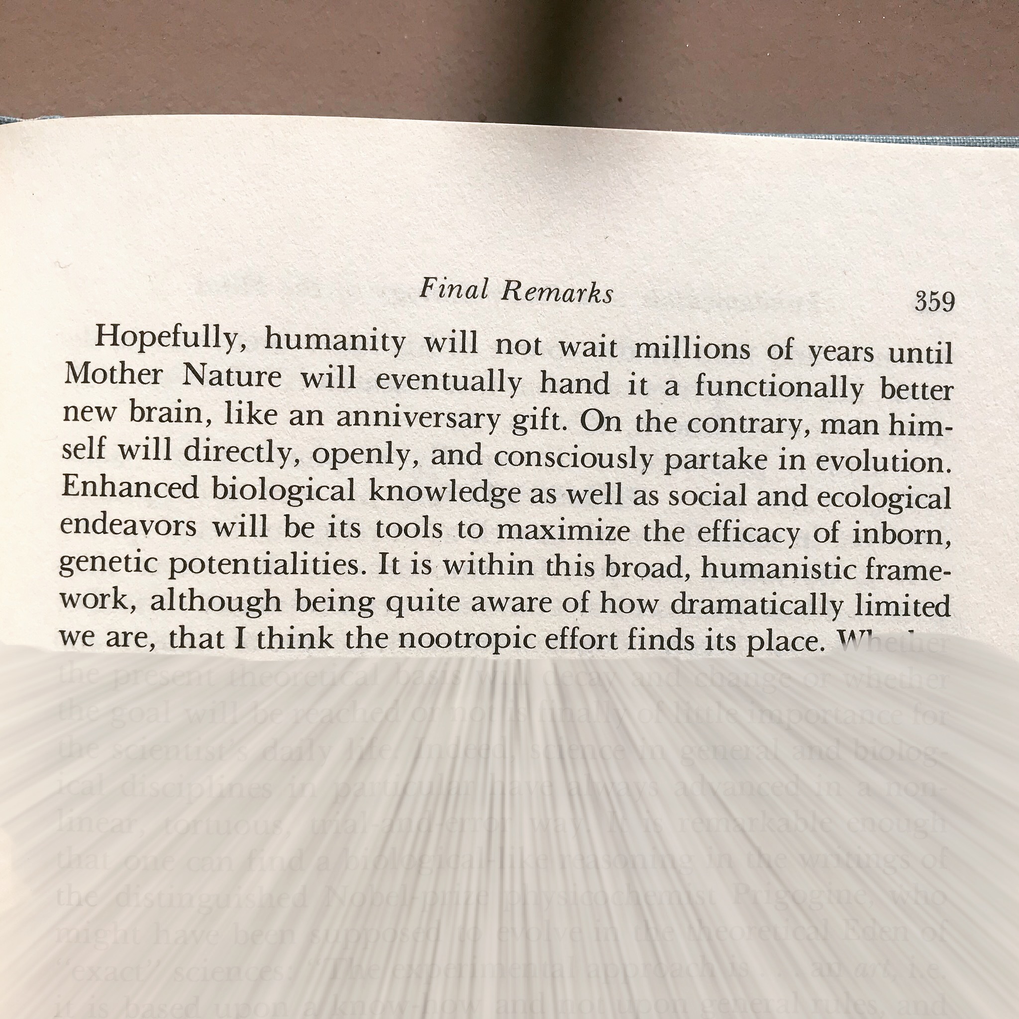 A photographed book page headed Final Remarks, page 359, containing Corneliu Giurgea's passage about humanity shaping a better brain